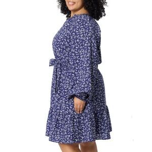 Draper James XL Crinkle Vneck Belted Long Sleeve Blue Floral Midi Dress Pockets